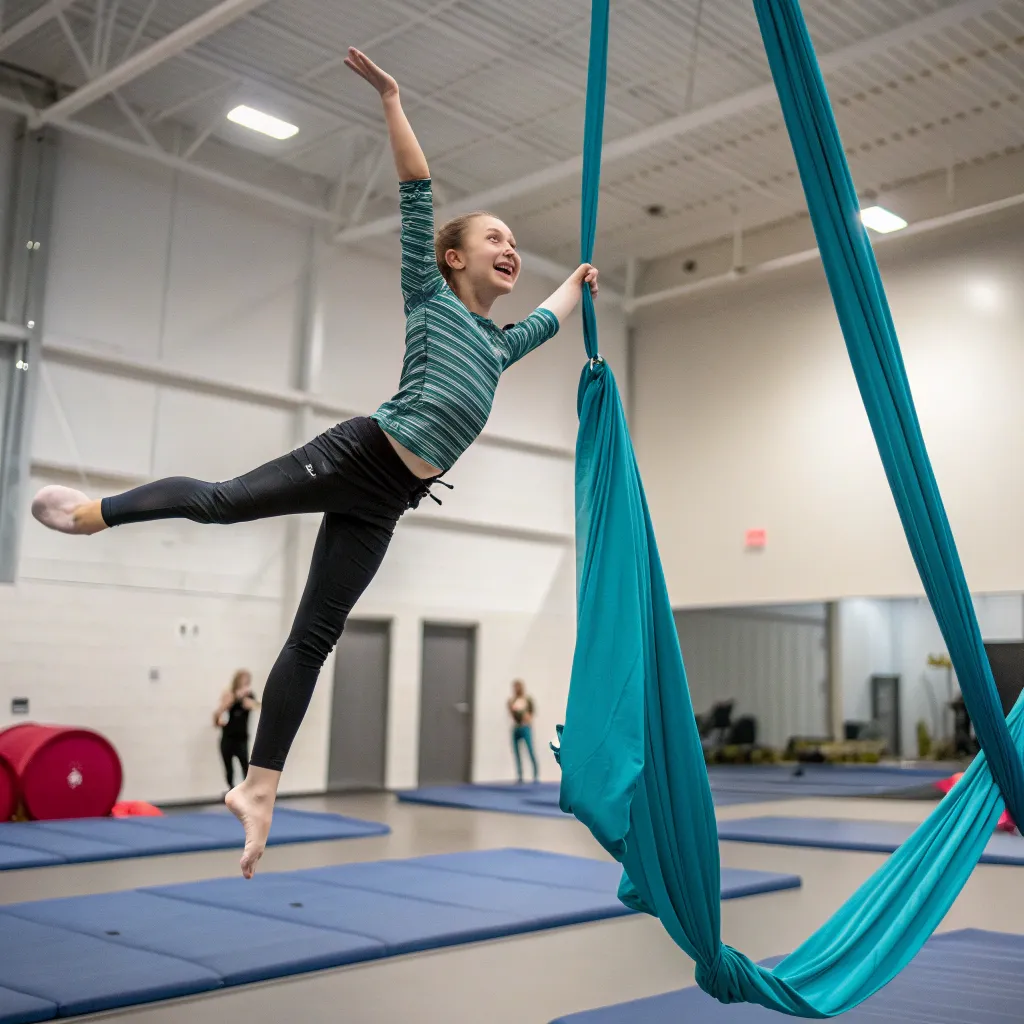 Enthusiastic student on aerial silks