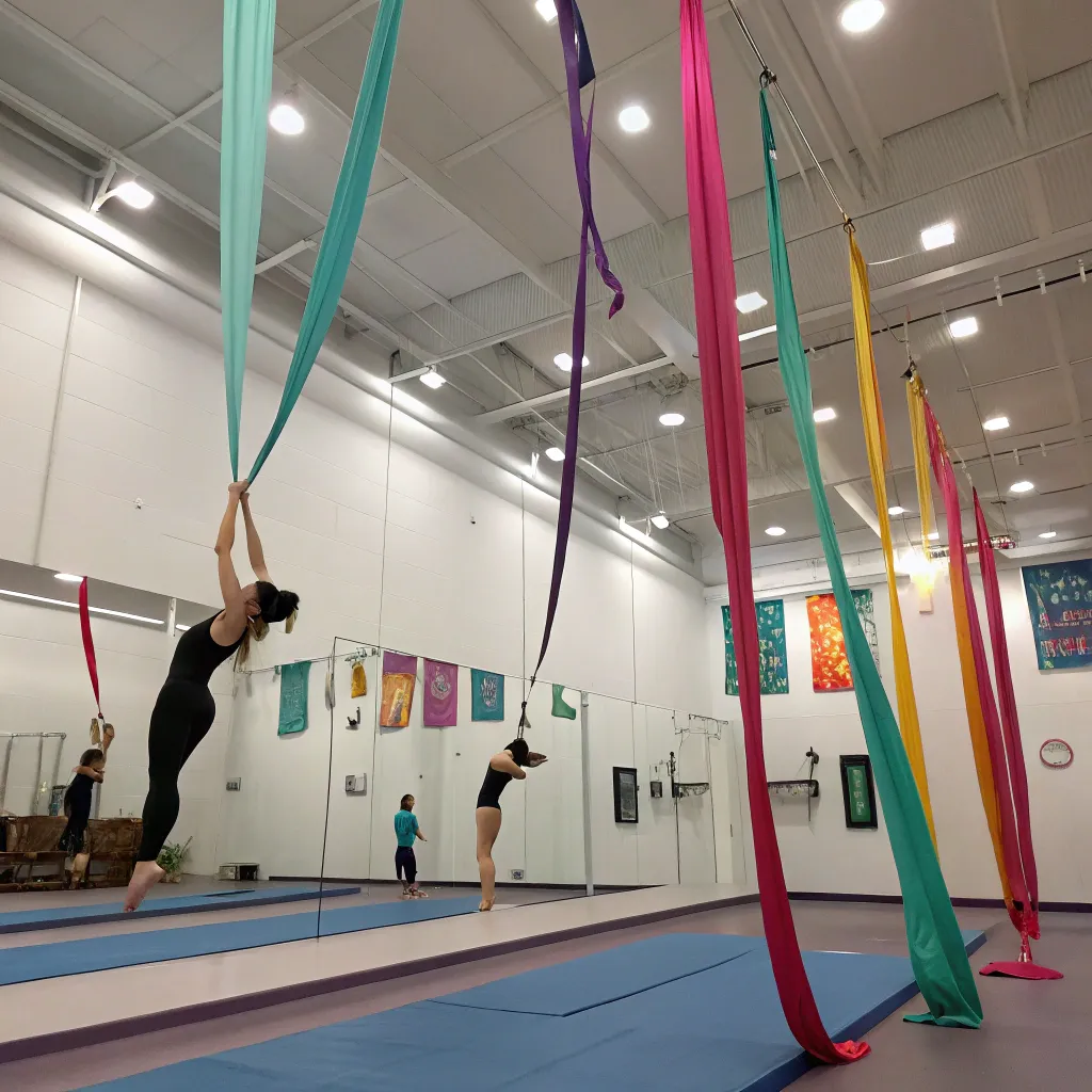 Brightly lit aerial gymnastics studio