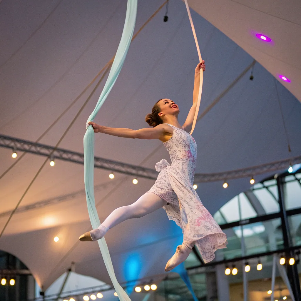 Happy aerialist holding a ribbon